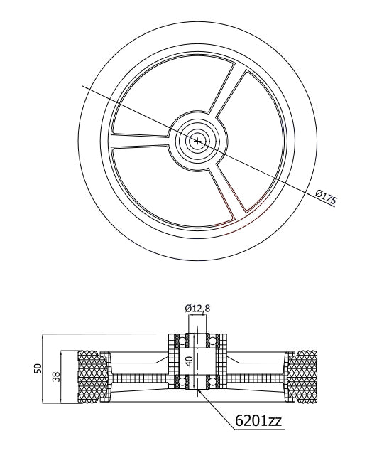 Rasenmäherrad 175 mm – Universal Ersatzrad aus Vollgummi mit Kugellager + Montage-Set, Code: K175LL*M10