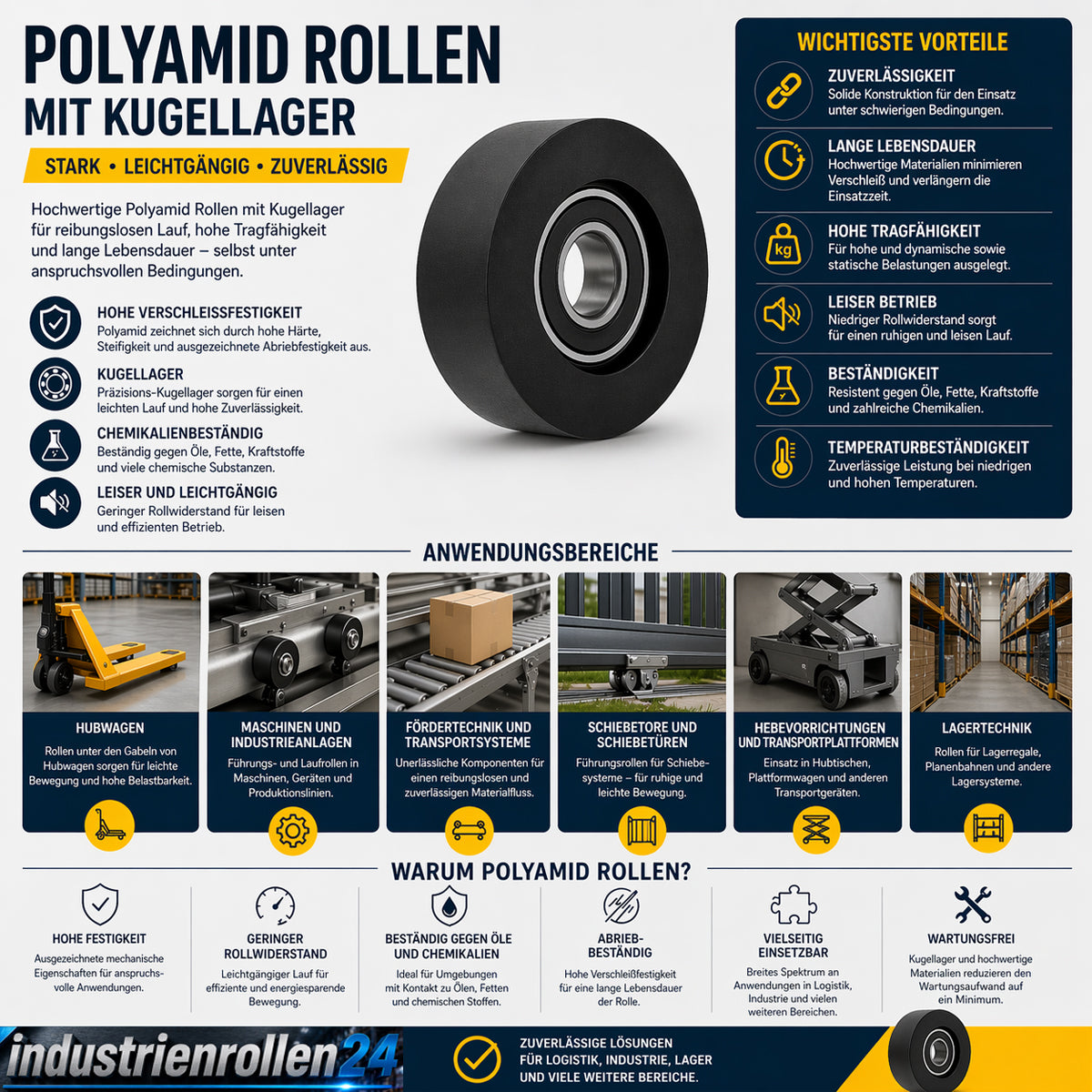 Polyamid Rolle Ø 65mm mit Kugellager Kunststoffrolle Industrierollen RP-65-16/12