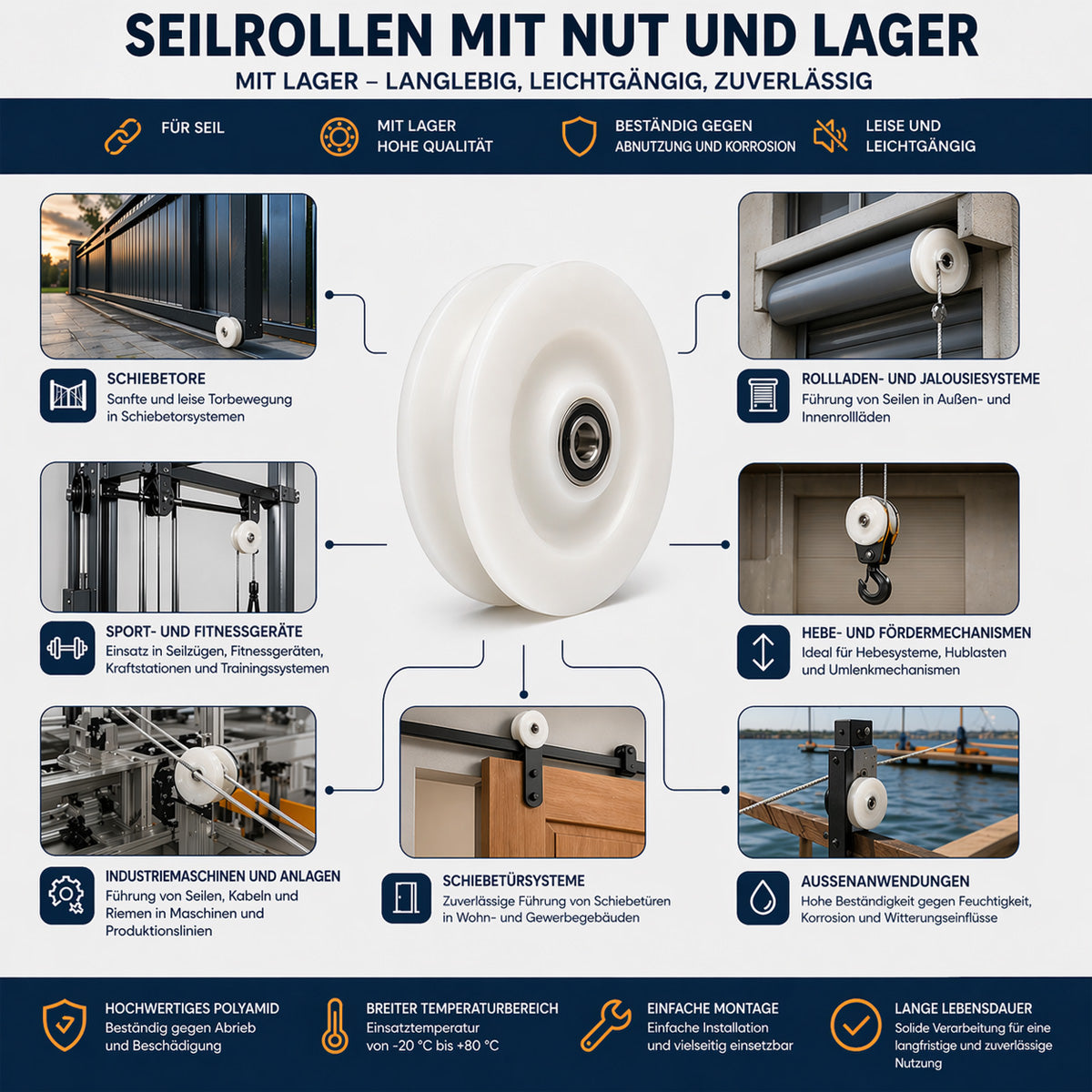 Seilrolle mit Gleitlager Ø200mm Polyamid Kunststoffrolle für Seil Ø40 mm C200/40LL