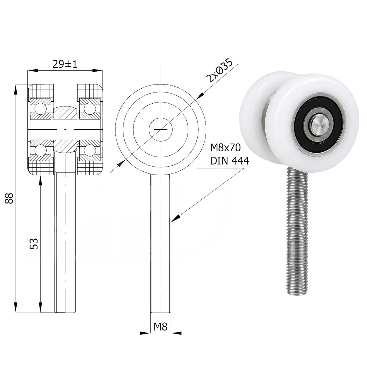 Torwagen für Schiebetore - für Profile 40x40 mm - Wandstärke 2 mm: P-2T-40/M8