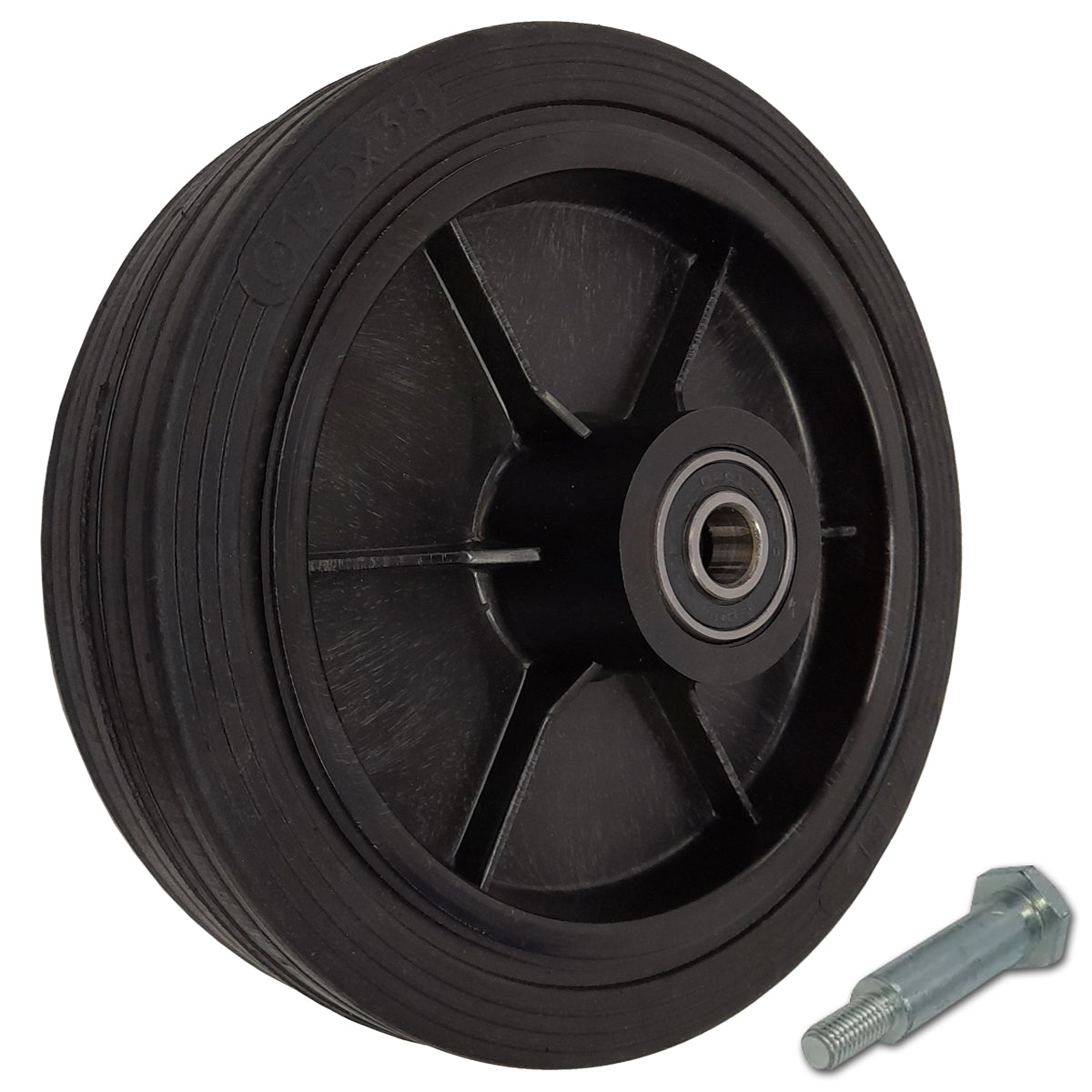 Rasenmäherrad 175 mm – Universal Ersatzrad aus Vollgummi mit Kugellager + Montage-Set, Code: K175LL*M10