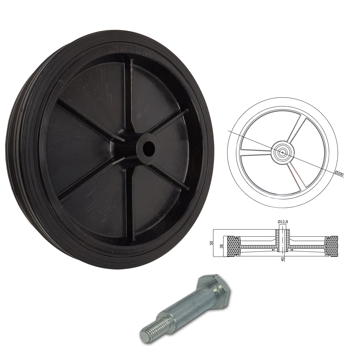 Rasenmäherrad 200 mm – Universal Ersatzrad aus Vollgummi + Montage-Set, Code: K200*M10