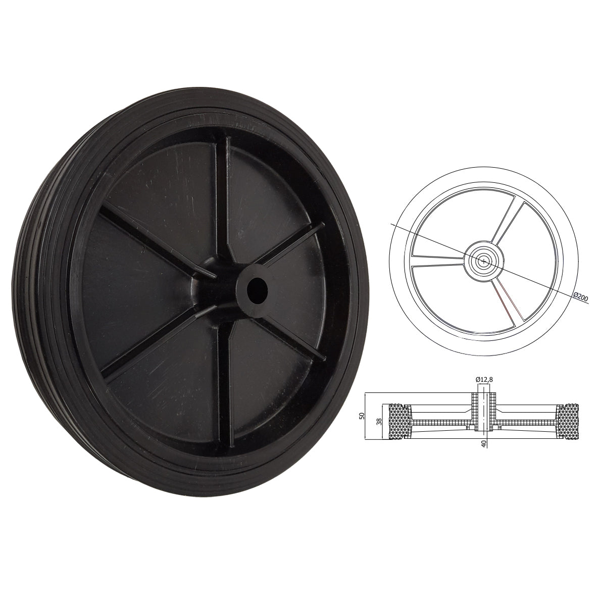 Rasenmäherrad 200 mm – Universal Ersatzrad aus Vollgummi für Rasenmäher, Code: K200