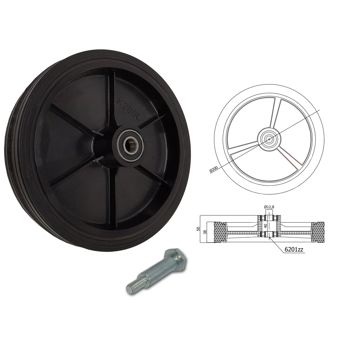 Rasenmäherrad 200 mm – Universal Ersatzrad aus Vollgummi mit Kugellager + Montage-Set, Code: K200LL*M8