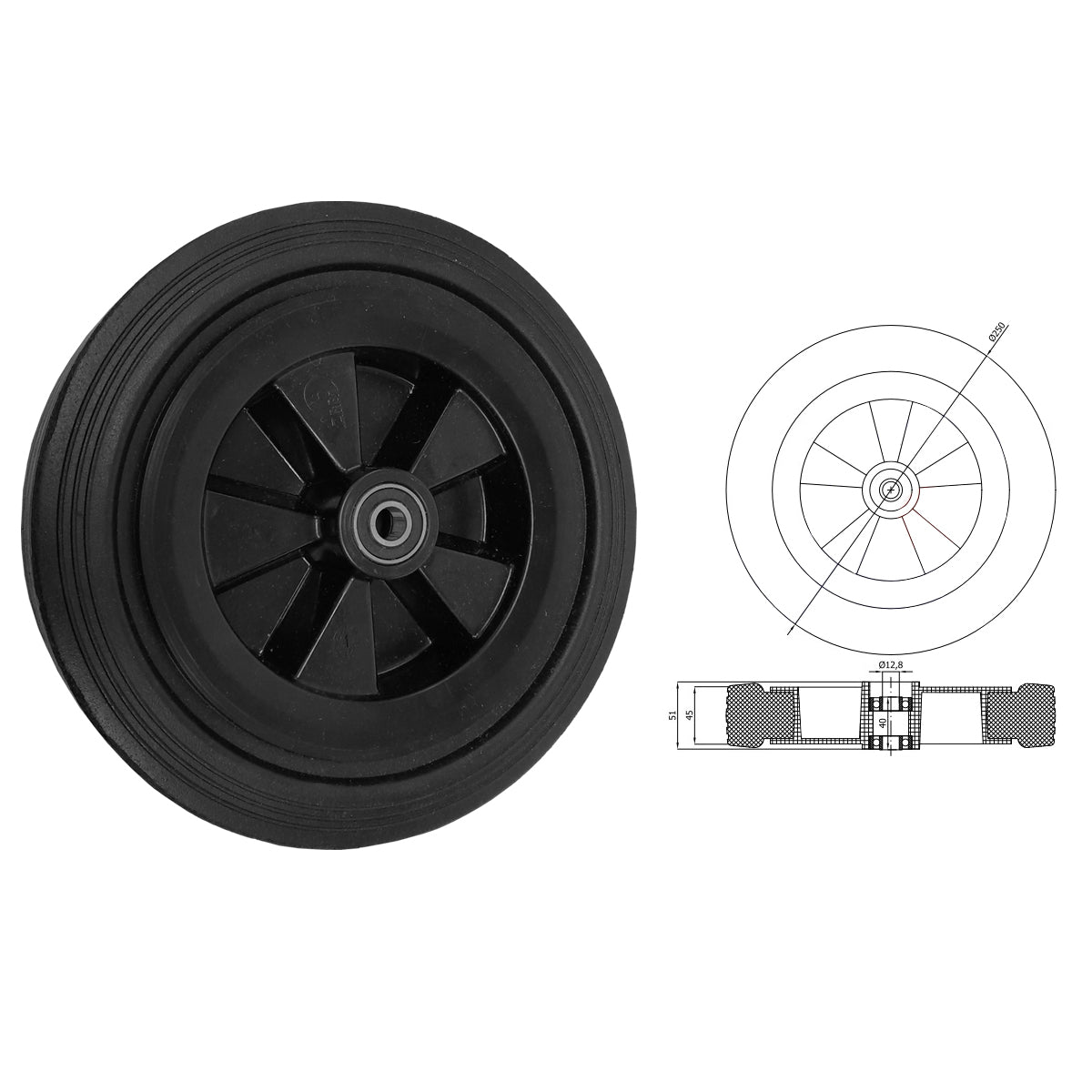 Rasenmäherrad 250 mm – Universal Ersatzrad aus Vollgummi mit Kugellager, Code: K250LL