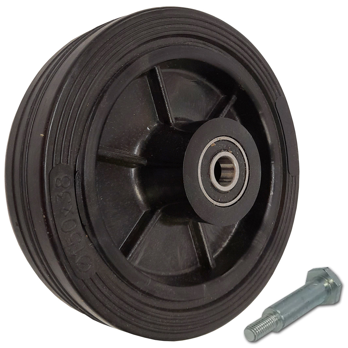 Rasenmäherrad 150 mm – Universal Ersatzrad aus Vollgummi mit Kugellager + Montage-Set, Code: K150LL*M8