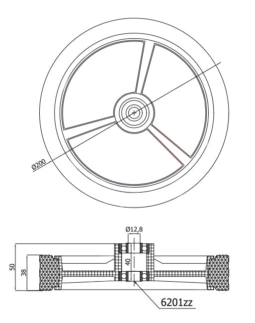 Rasenmäherrad 200 mm – Universal Ersatzrad aus Vollgummi mit Kugellager, Code: K200LL
