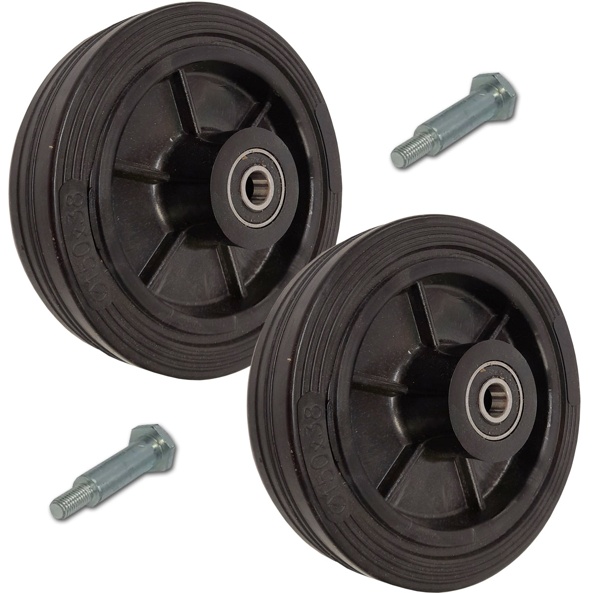 Rasenmäherrad 150 mm – Universal Ersatzrad aus Vollgummi mit Kugellager + Montage-Set, Code: K150LL*M8