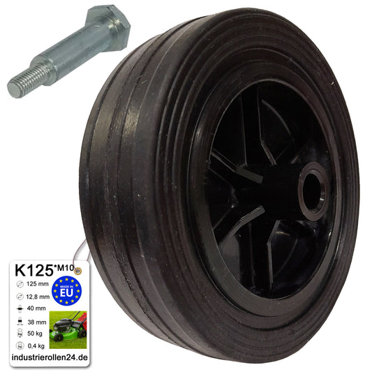 Rasenmäherrad 125 mm – Universal Ersatzrad aus Vollgummi + Montage-Set, Code: K125*M10