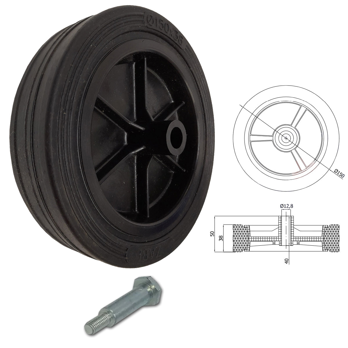 Rasenmäherrad 150 mm – Universal Ersatzrad aus Vollgummi + Montage-Set, Code: K150*M8