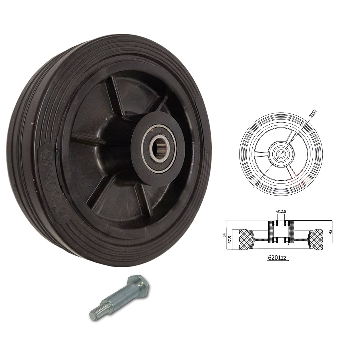 Rasenmäherrad 150 mm – Universal Ersatzrad aus Vollgummi mit Kugellager + Montage-Set, Code: K150LL*M8