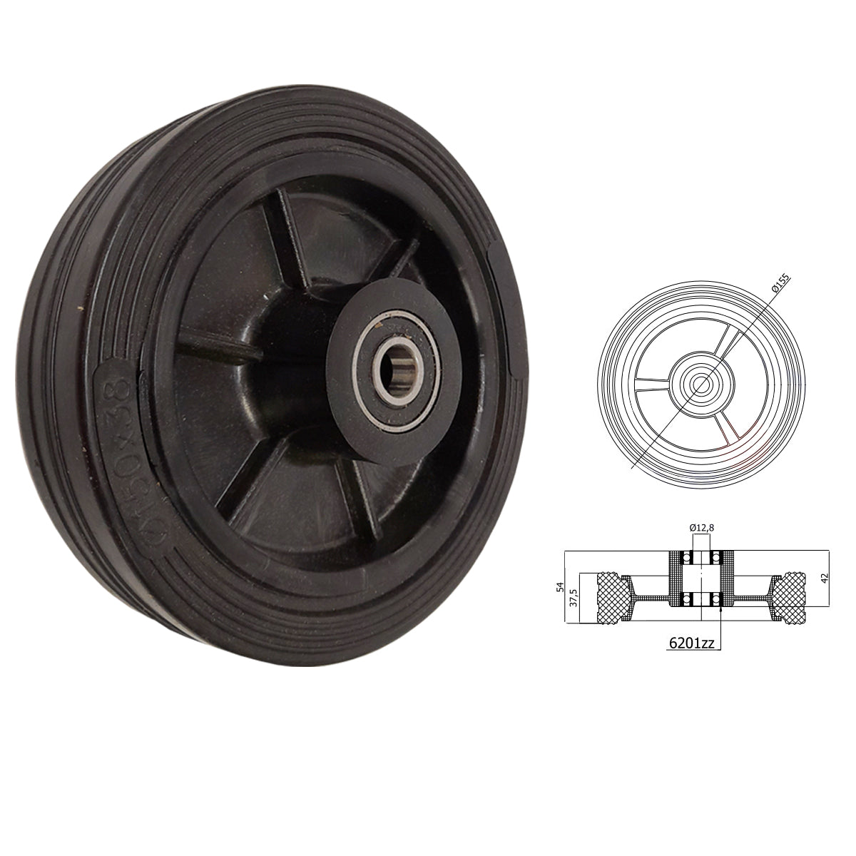 Rasenmäherrad 150 mm – Universal Ersatzrad aus Vollgummi mit Kugellager, Code: K150LL