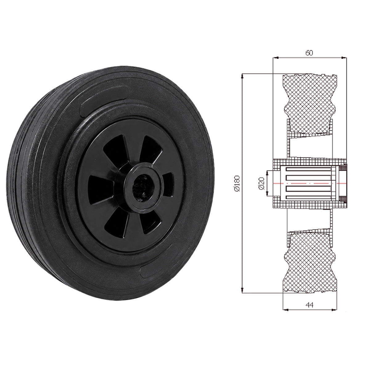Vollgummi Rad Ø 180 mm mit Polypropylen-Felge Industrie Gummirad Code: 50T