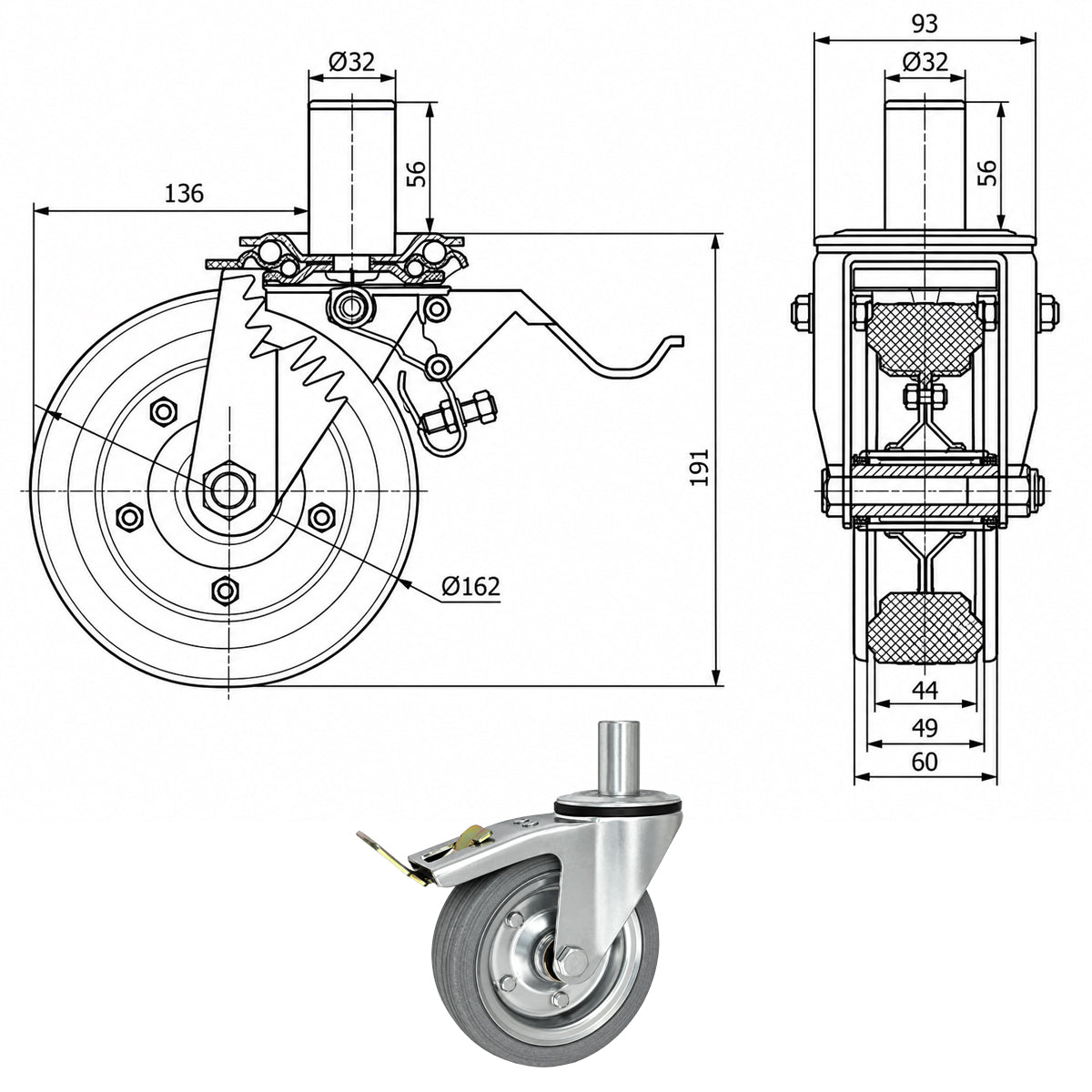 Metall-Gummiräder mit Befestigungsstift und Bremse Lenkrollen  Ø160 mm Code: 46NSH*32