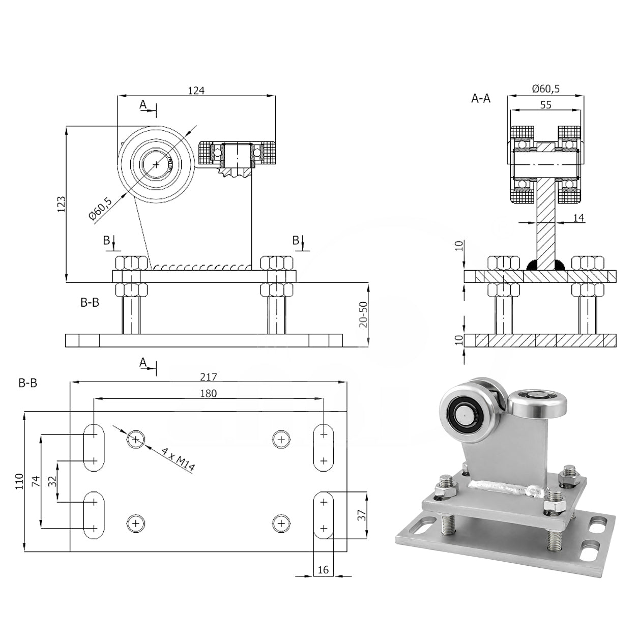 Torwagen für Schiebetore - für Profile 70 x 70 mm - Wandstärke 4 mm: R-3MM-70
