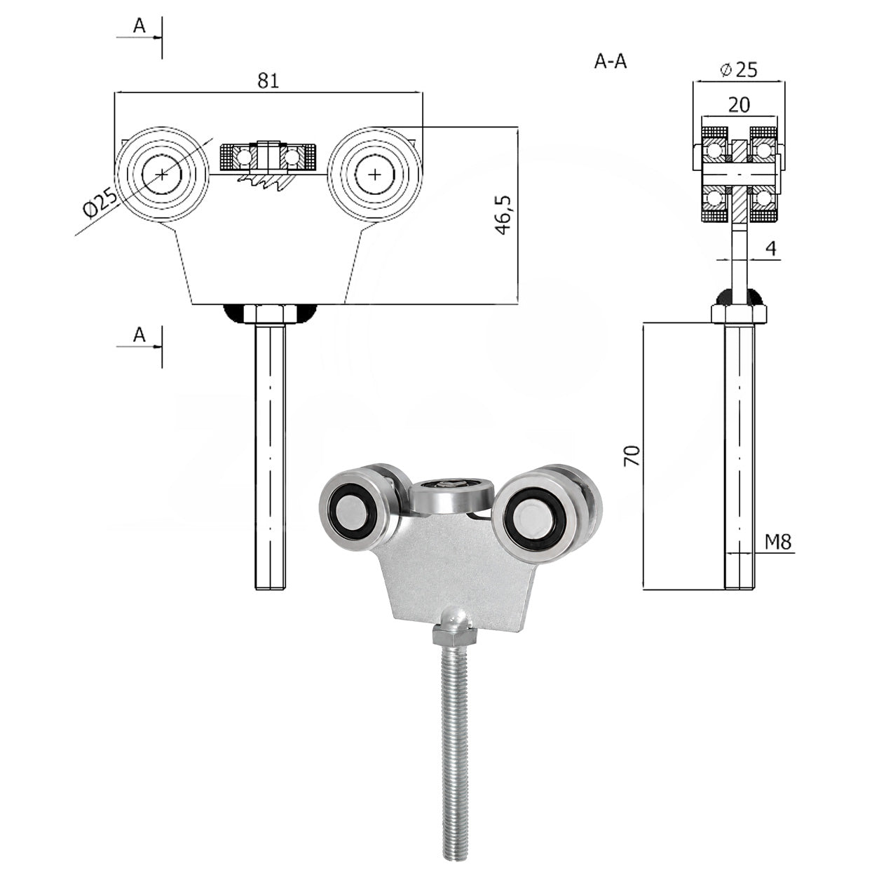 Torwagen für Schiebetore - für Profile 30x30 mm - Wandstärke 2 mm: G-5MM-30/M8