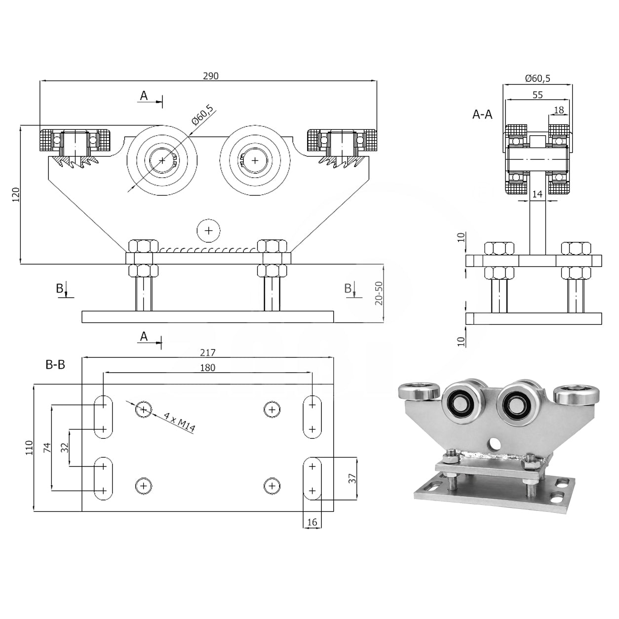 Torwagen für Schiebetore - für Profile 70 x 70 mm - Wandstärke 4 mm: R-6MM-70