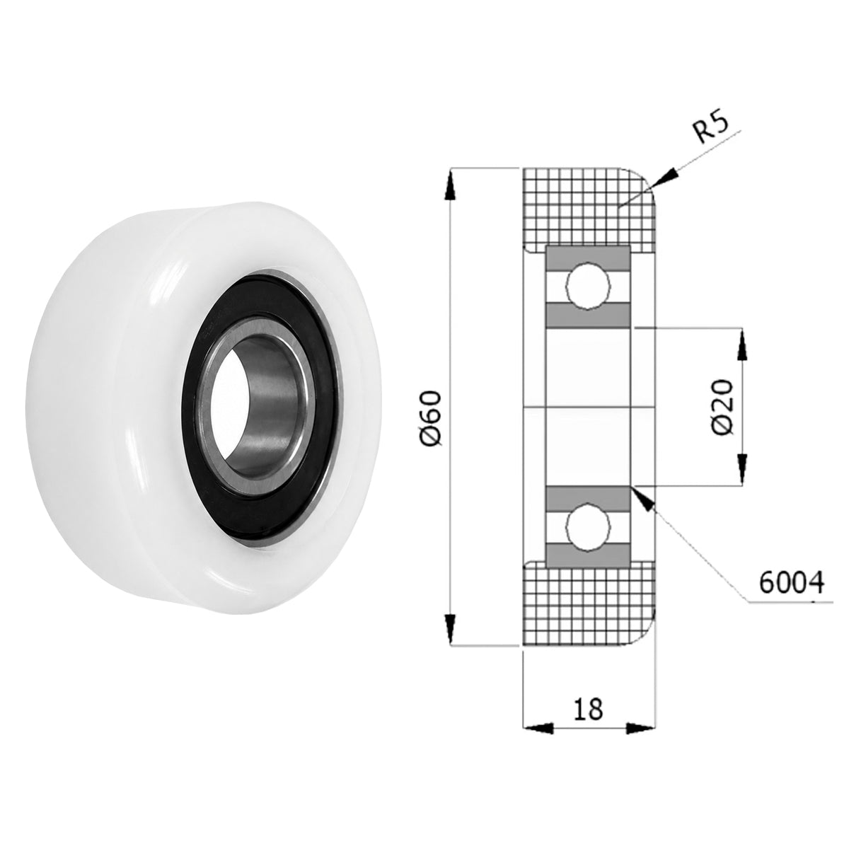 Polyamid Rolle Ø 60,5 mm mit Kugellager Kunststoffrolle Industrierollen R-60,5