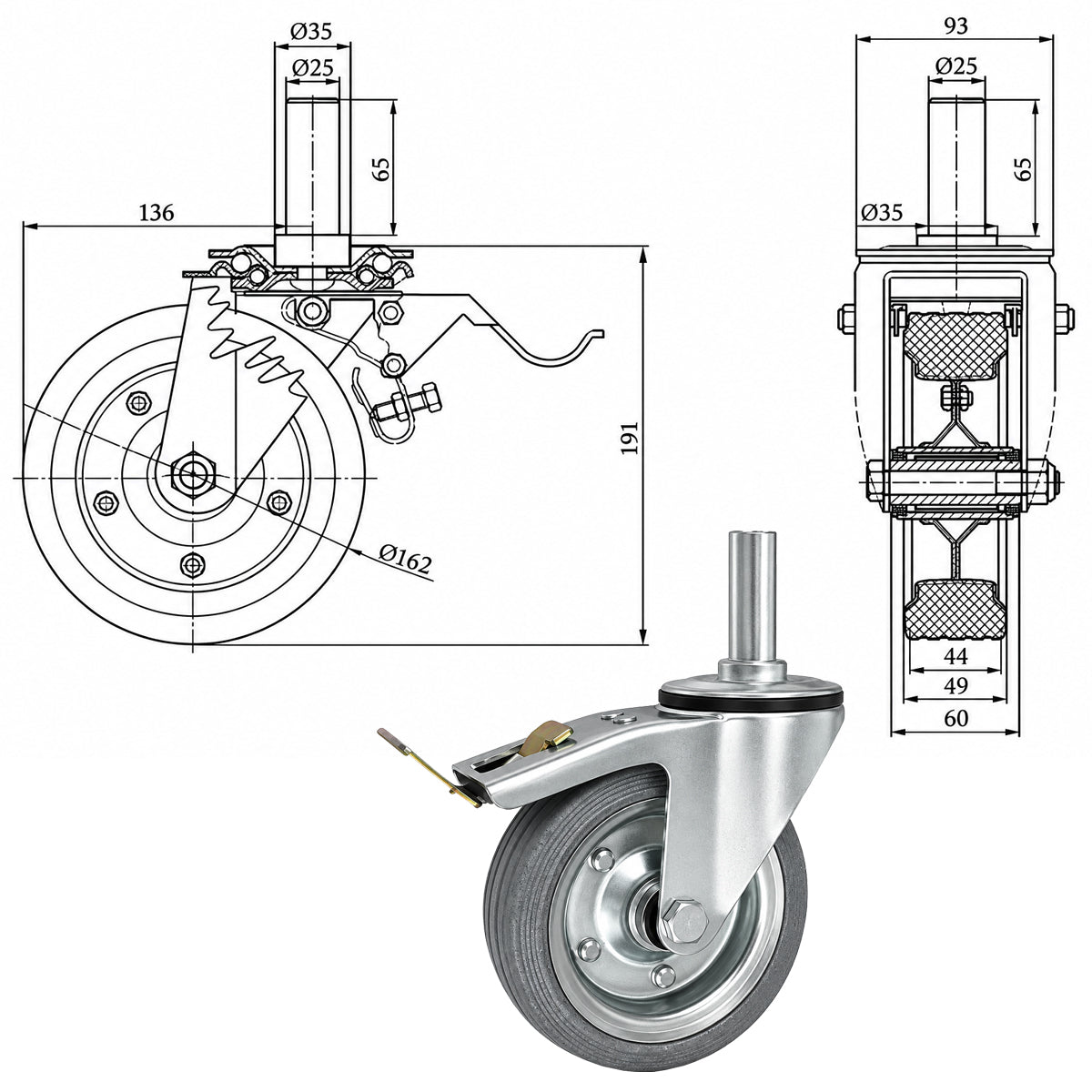 Metall-Gummiräder mit Befestigungsstift und Bremse Lenkrollen  Ø160 mm Code: 46NSH*25