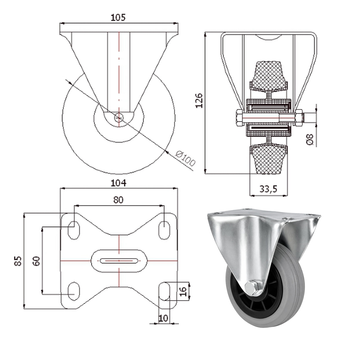 Kunststoff-Gummiräder in Bockrollengehäusen Lenkrolle Ø100 mm mit Platte Code: 13TS