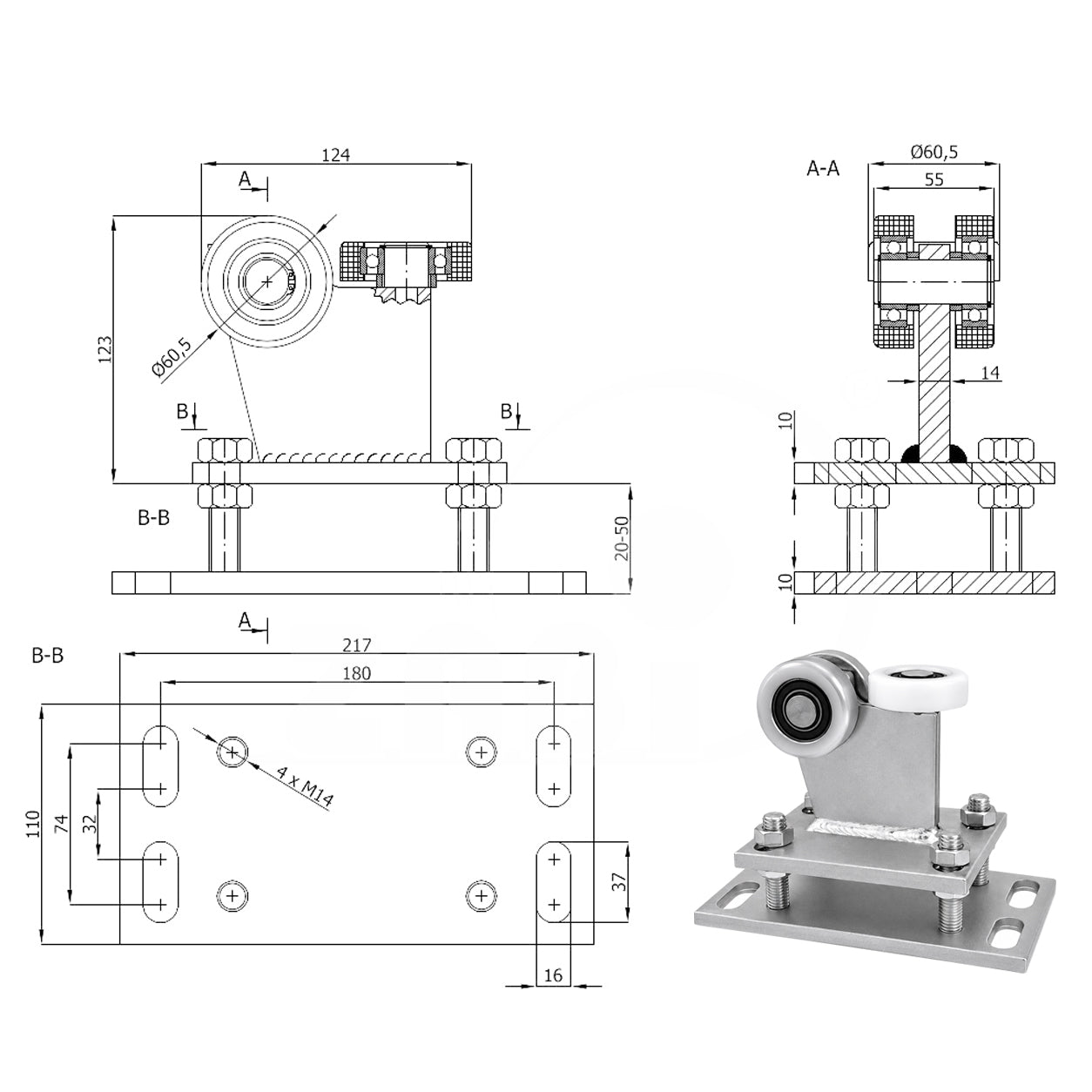 Torwagen für Schiebetore - für Profile 70 x 70 mm - Wandstärke 4 mm: R-3M-70