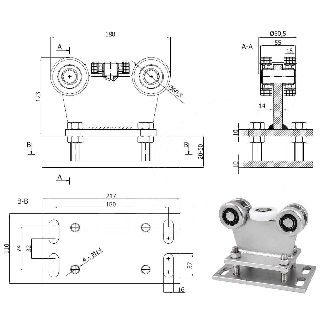 Torwagen für Schiebetore - für Profile 70 x 70 mm - Wandstärke 4 mm: R-5M-70