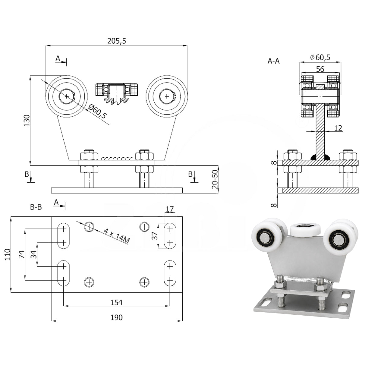 Torwagen für Schiebetore - für Profile 70 x 70 mm - Wandstärke 4 mm: R-5T-70M