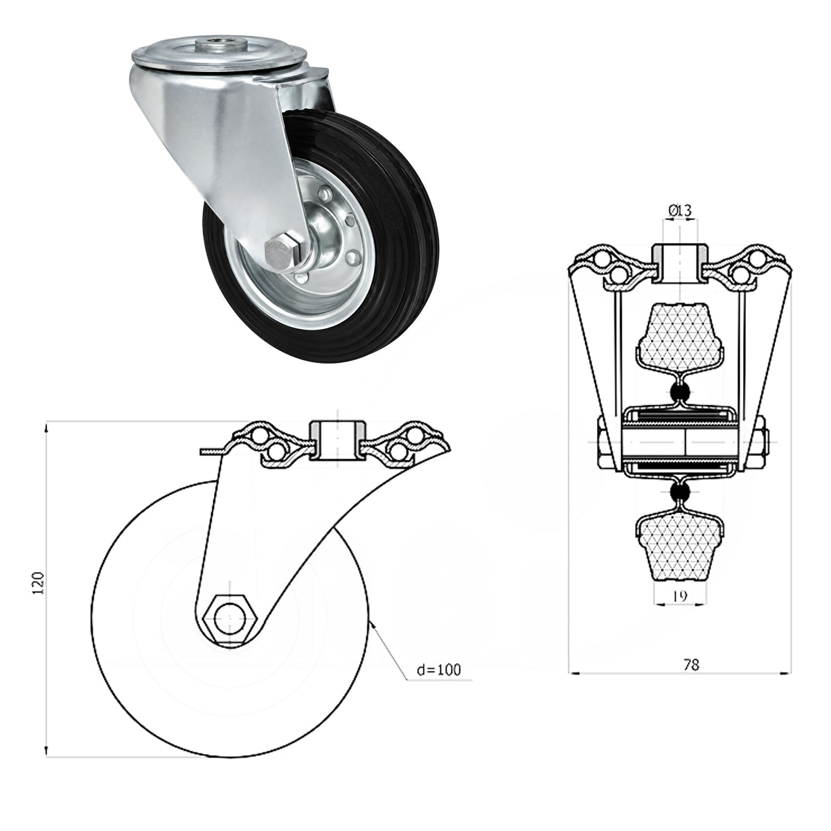 Metall-Gummiräder mit Befestigungsstift mit Zentralbohrung  Ø100 mm Code: 17