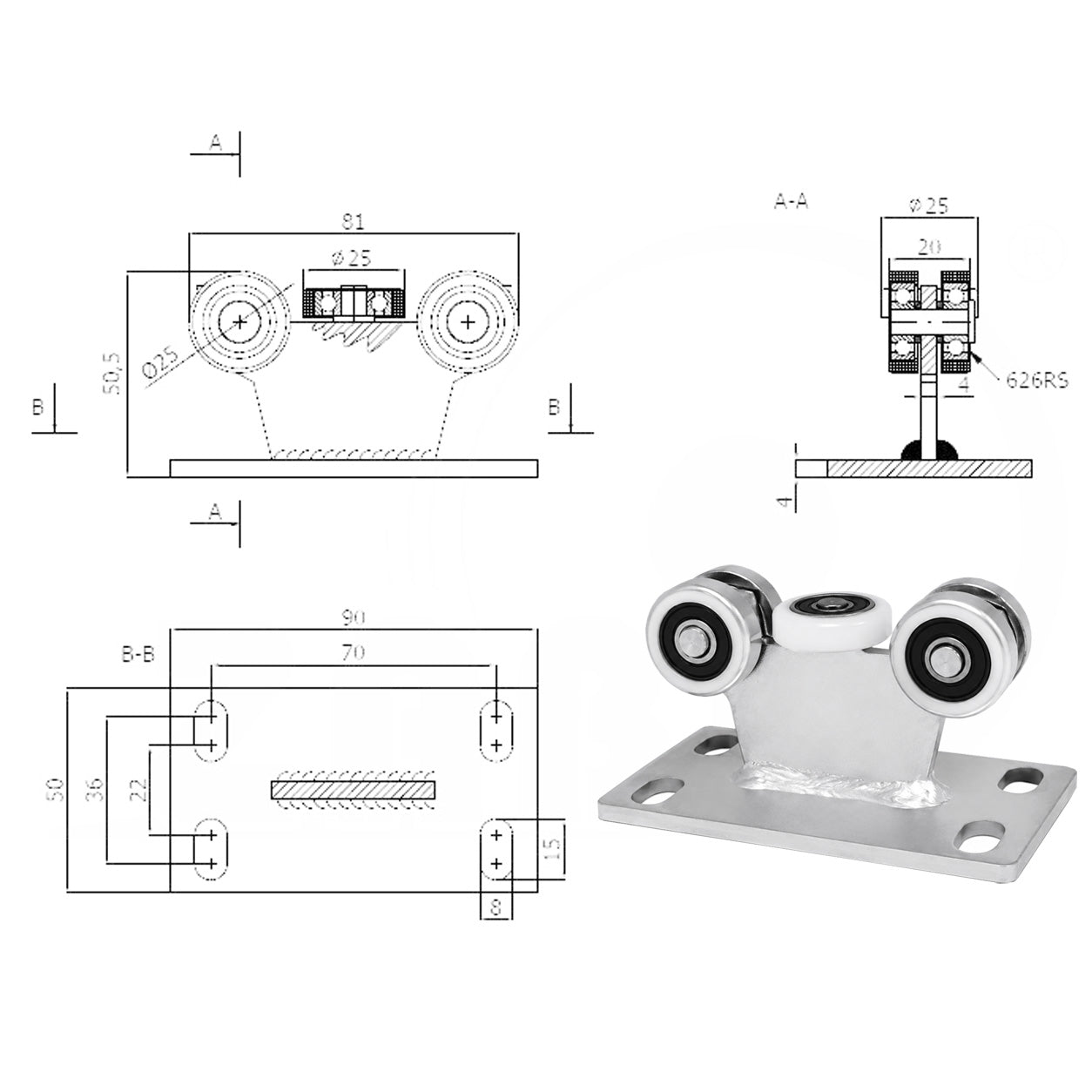 Torwagen für Schiebetore - für Profile 30x30 mm - Wandstärke 2 mm: 5M-30