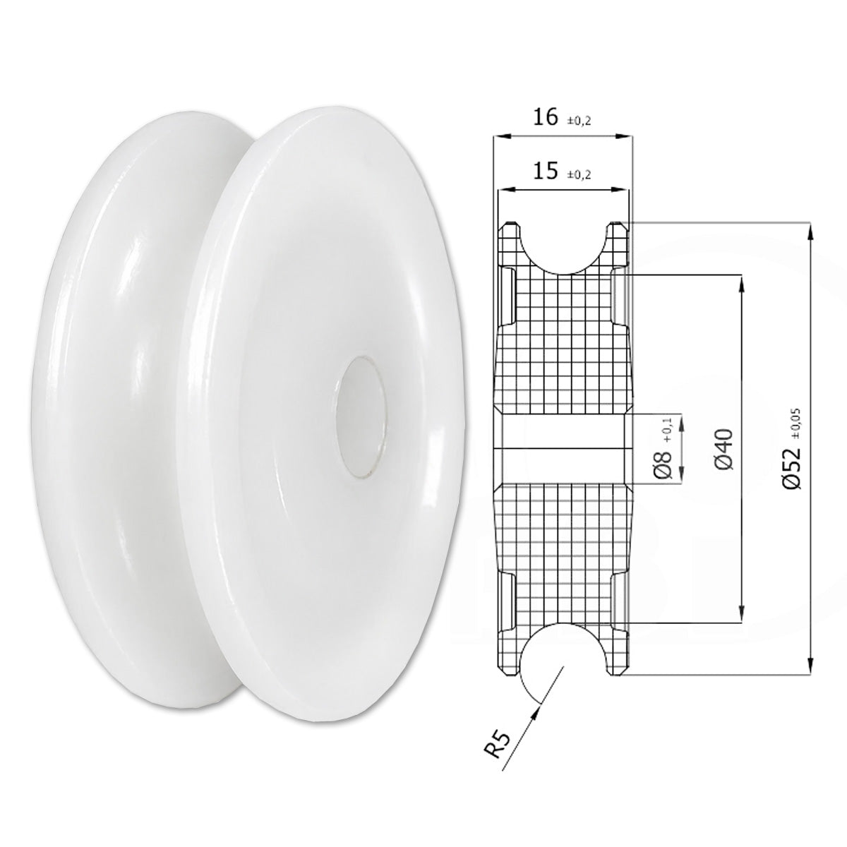 Seilrolle mit Gleitlager Ø52mm Polyamid Kunststoffrolle für Seil Ø10 mm C52/10/8