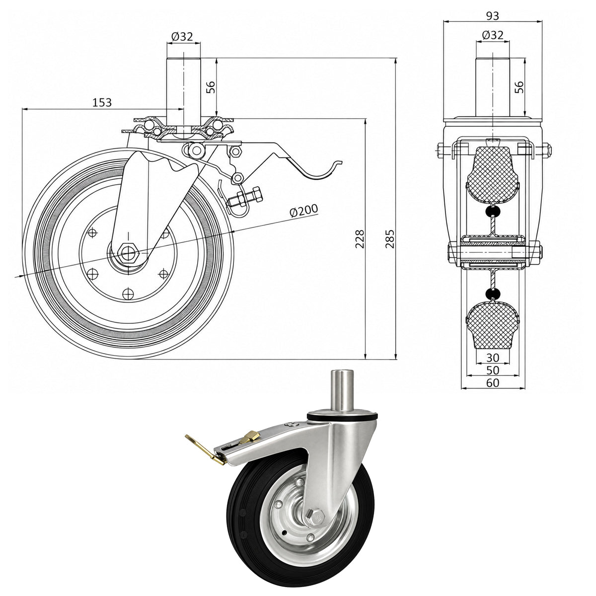Metall-Gummiräder mit Befestigungsstift und Bremse Lenkrollen  Ø200 mm Code: 66H*32