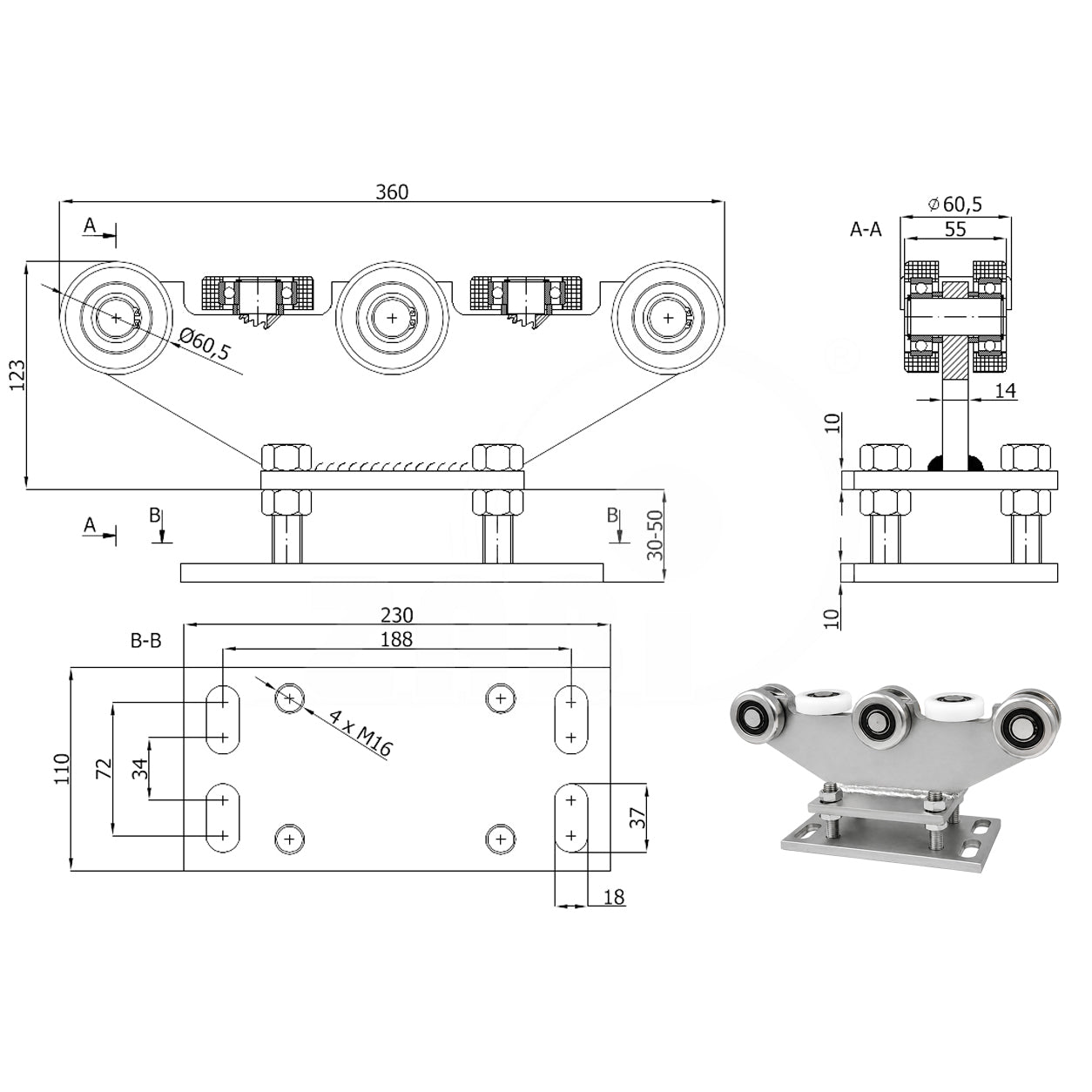 Torwagen für Schiebetore - für Profile 70 x 70 mm - Wandstärke 4 mm: R-8M-70