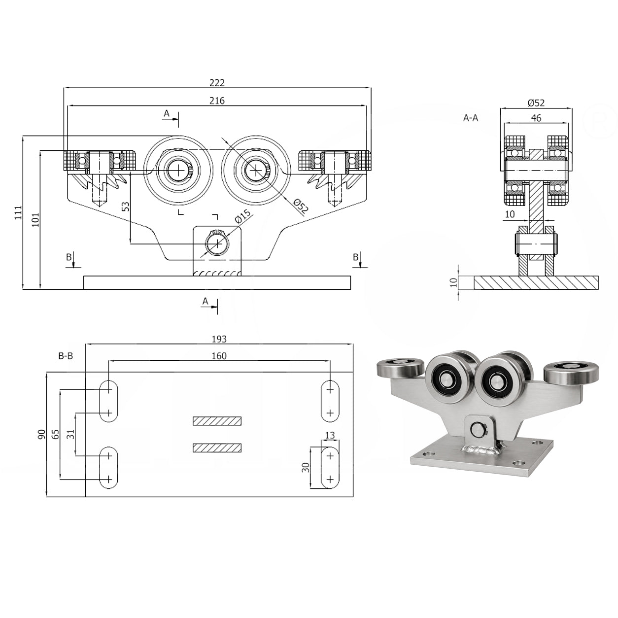 Torwagen für Schiebetore - für Profile 60 x 60 mm - Wandstärke 3 mm: W-6MM-60