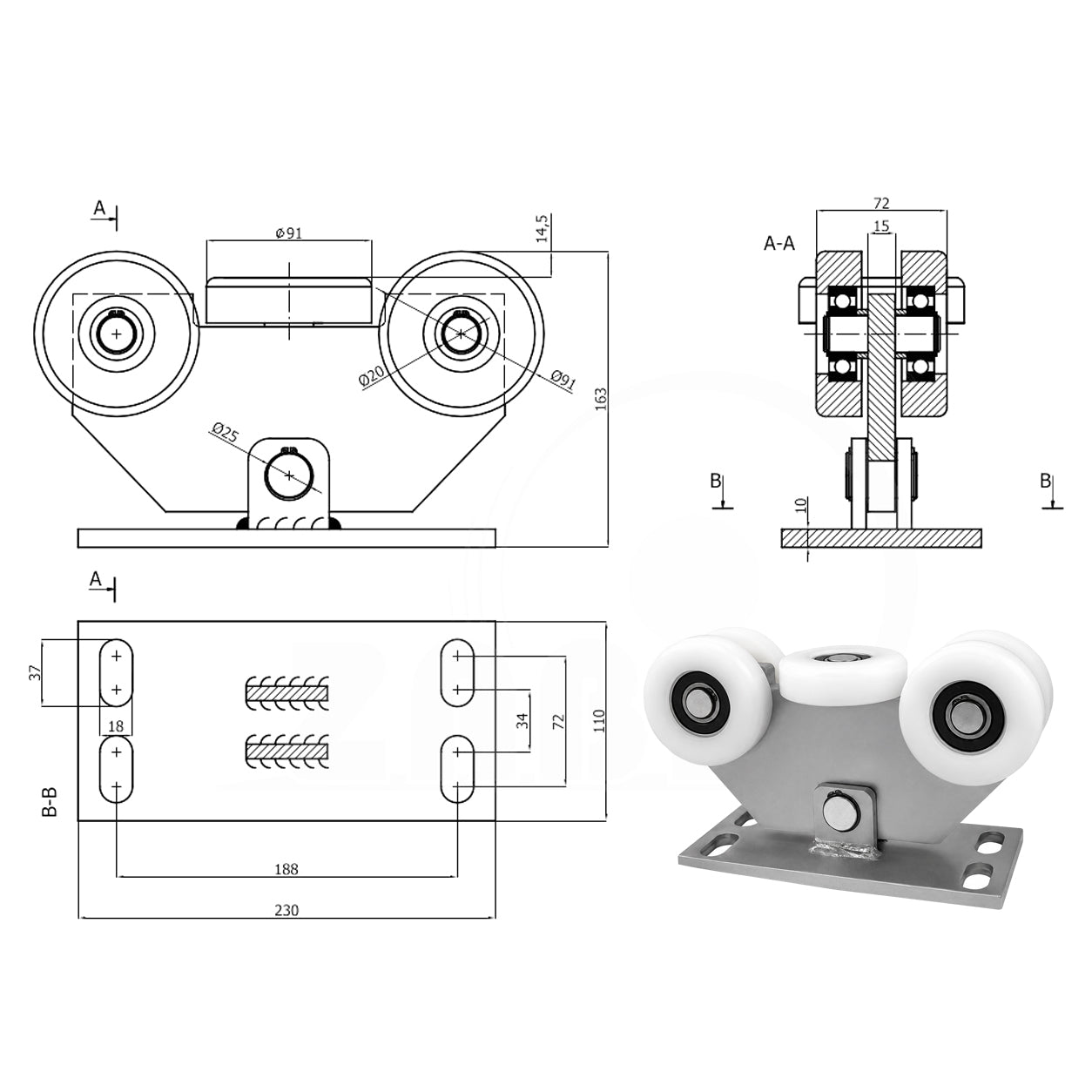 Torwagen für Schiebetore - für Profile 100x100 mm - Wandstärke 4 mm: W-5T-100