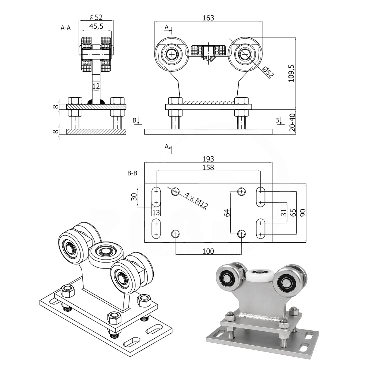 Torwagen für Schiebetore - für Profile 60 x 60 mm - Wandstärke 3 mm: R-5M-60