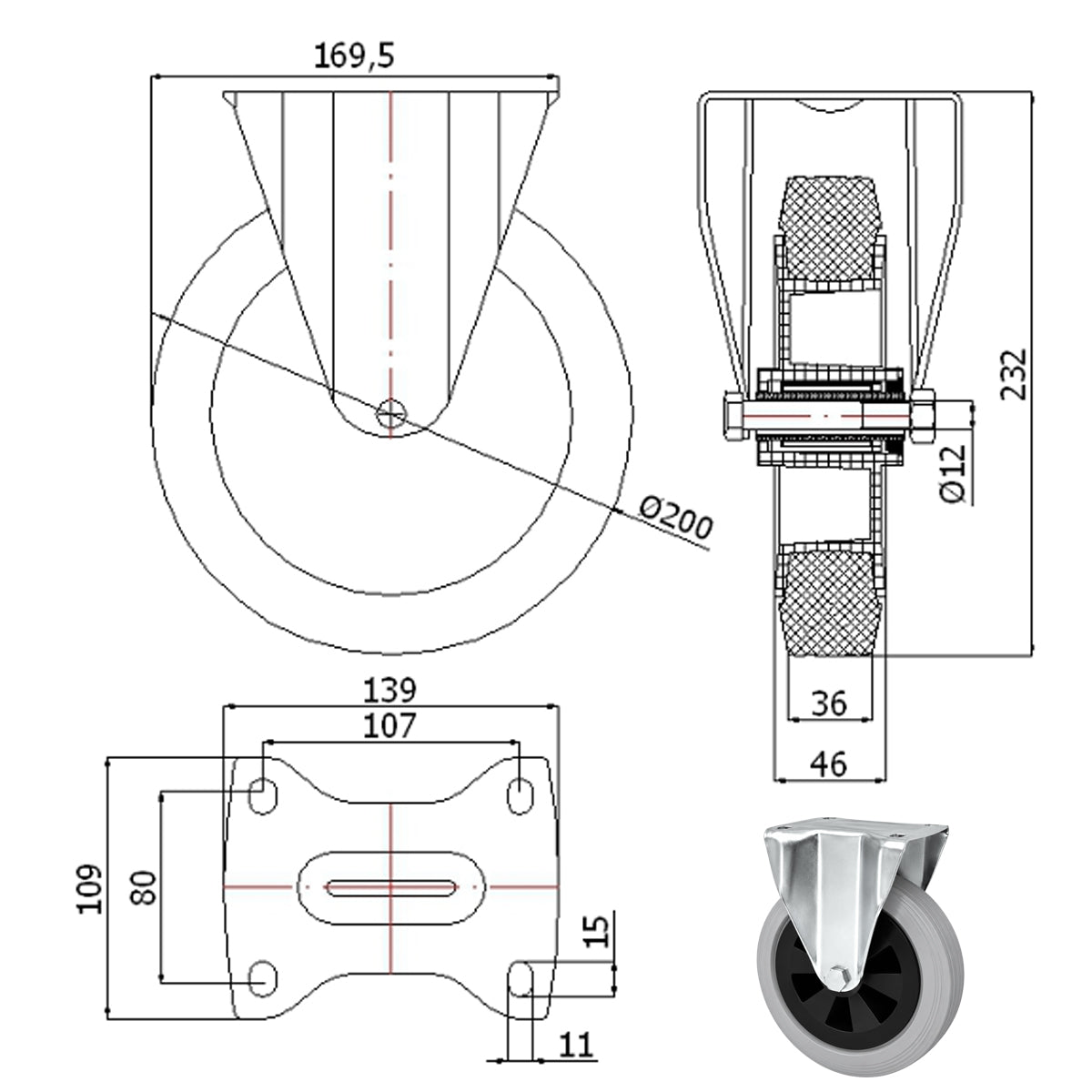Kunststoff-Gummiräder in Bockrollengehäusen Lenkrolle Ø200 mm mit Platte Code: 63TS9