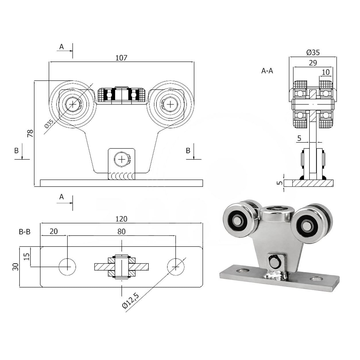 Torwagen für Schiebetore - für Profile 40x40 mm - Wandstärke 2 mm: W-5MM-40