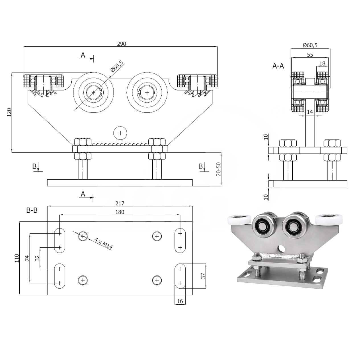 Torwagen für Schiebetore - für Profile 70 x 70 mm - Wandstärke 4 mm: R-6M-70