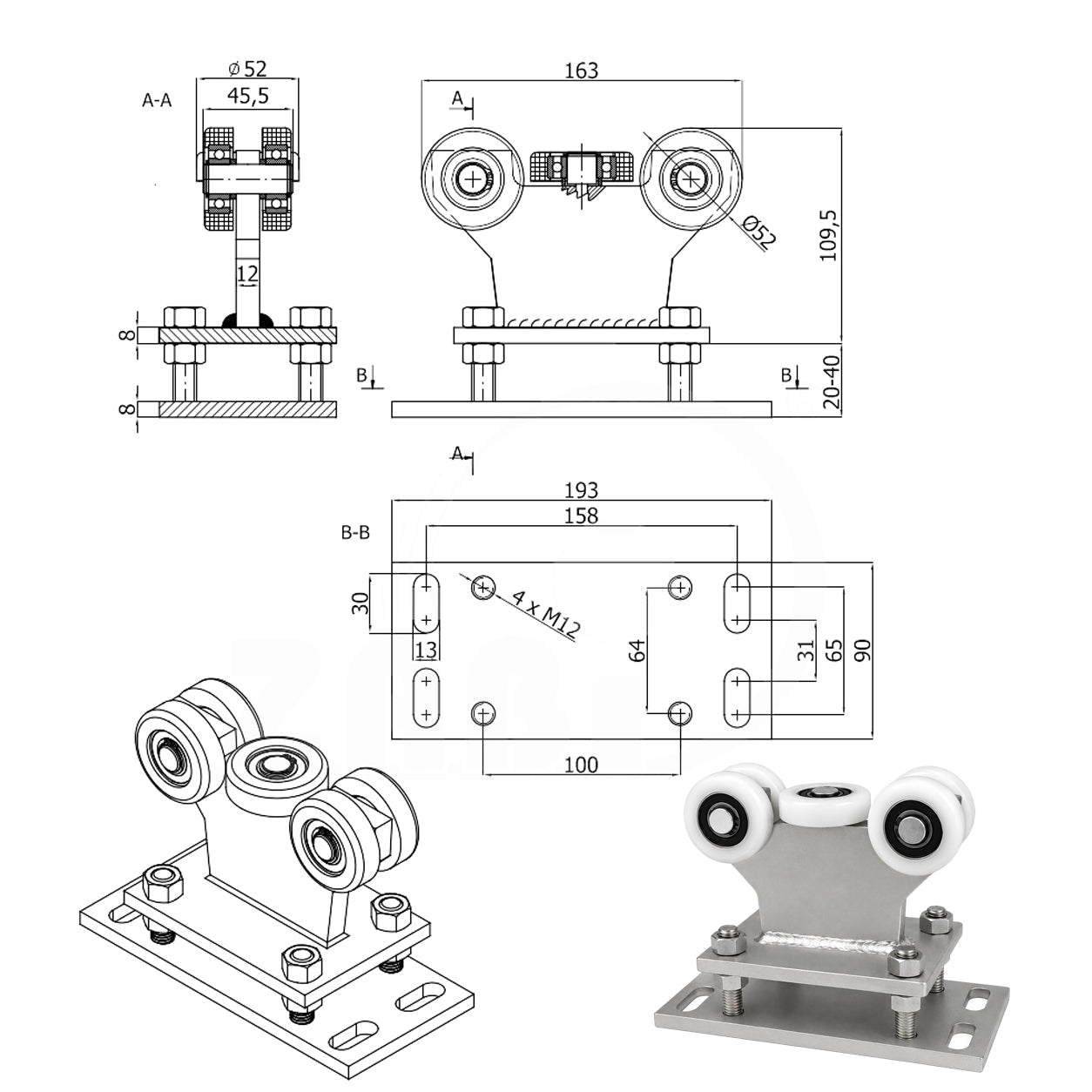 Torwagen für Schiebetore - für Profile 60 x 60 mm - Wandstärke 3 mm: R-5T-60