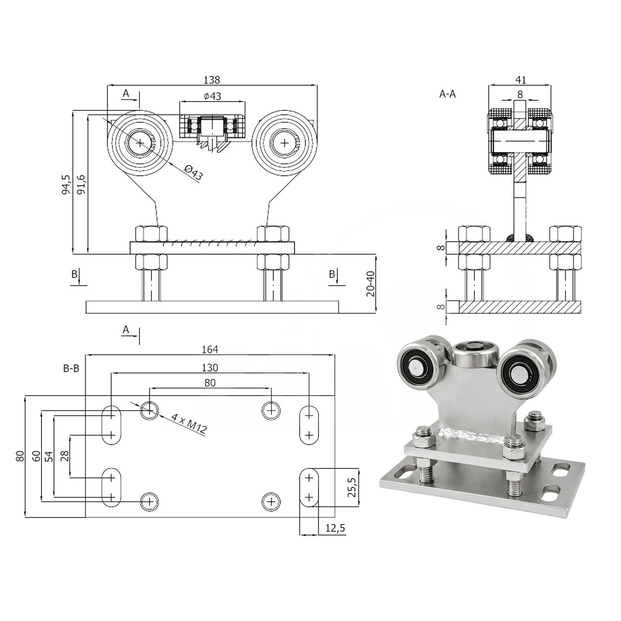 Torwagen für Schiebetore - für Profile 50x50 mm - Wandstärke 2,5 mm: R-5MM-50
