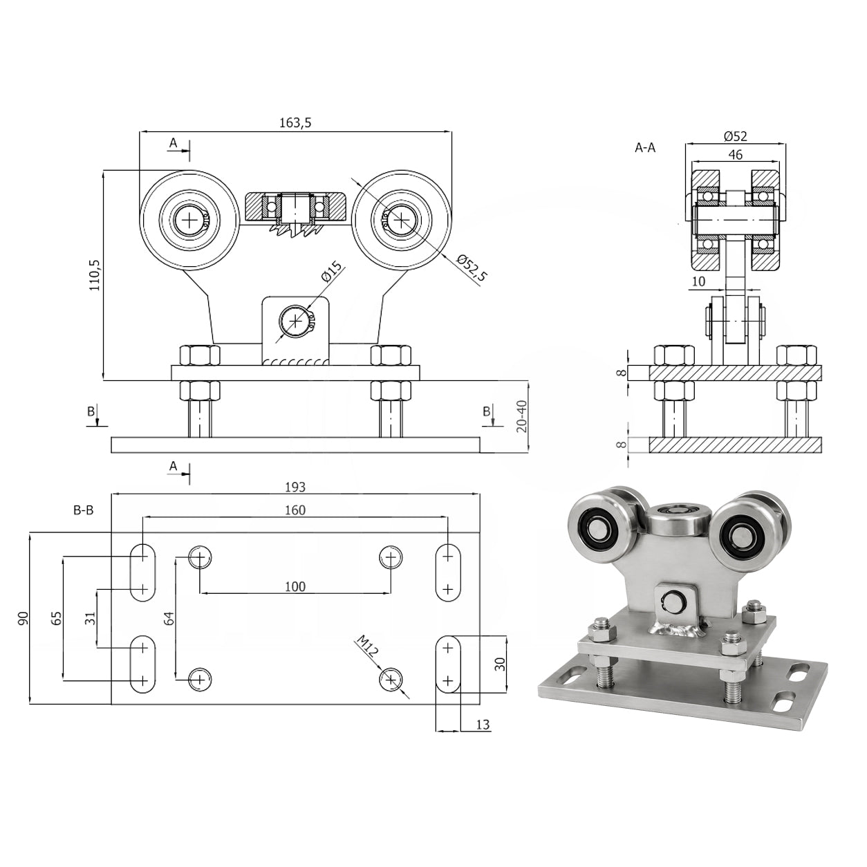 Torwagen für Schiebetore - für Profile 60 x 60 mm - Wandstärke 3 mm: WR-5MM-60