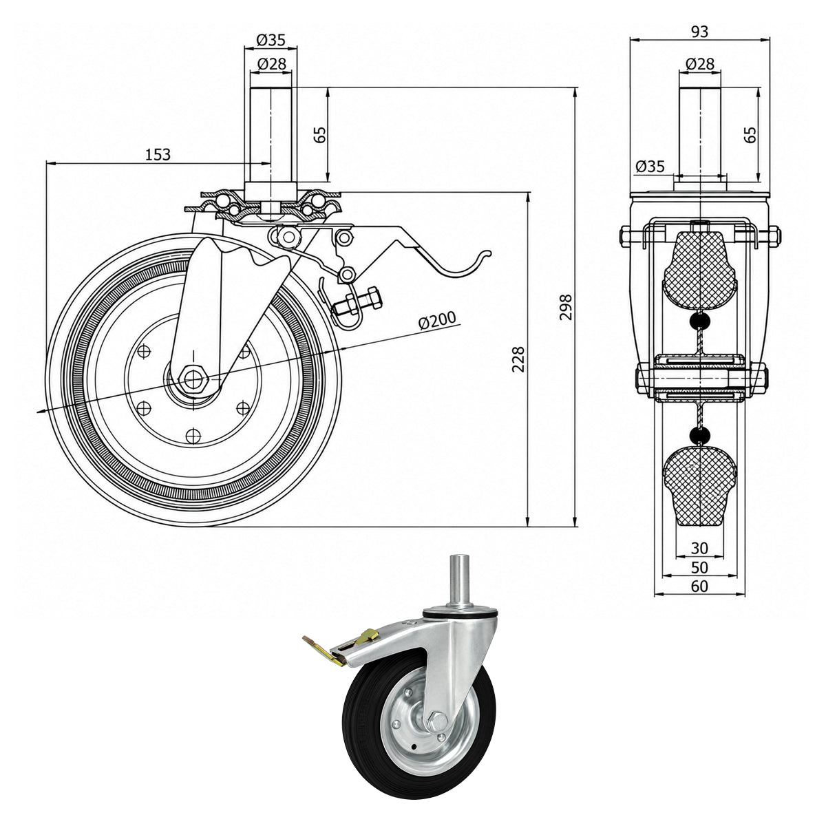 Metall-Gummiräder mit Befestigungsstift und Bremse Lenkrollen  Ø200 mm Code: 66H*28