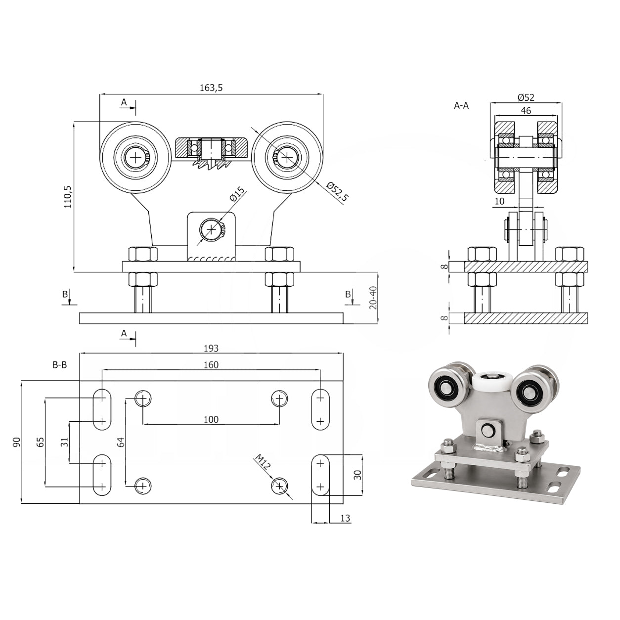 Torwagen für Schiebetore - für Profile 60 x 60 mm - Wandstärke 3 mm: WR-5M-60