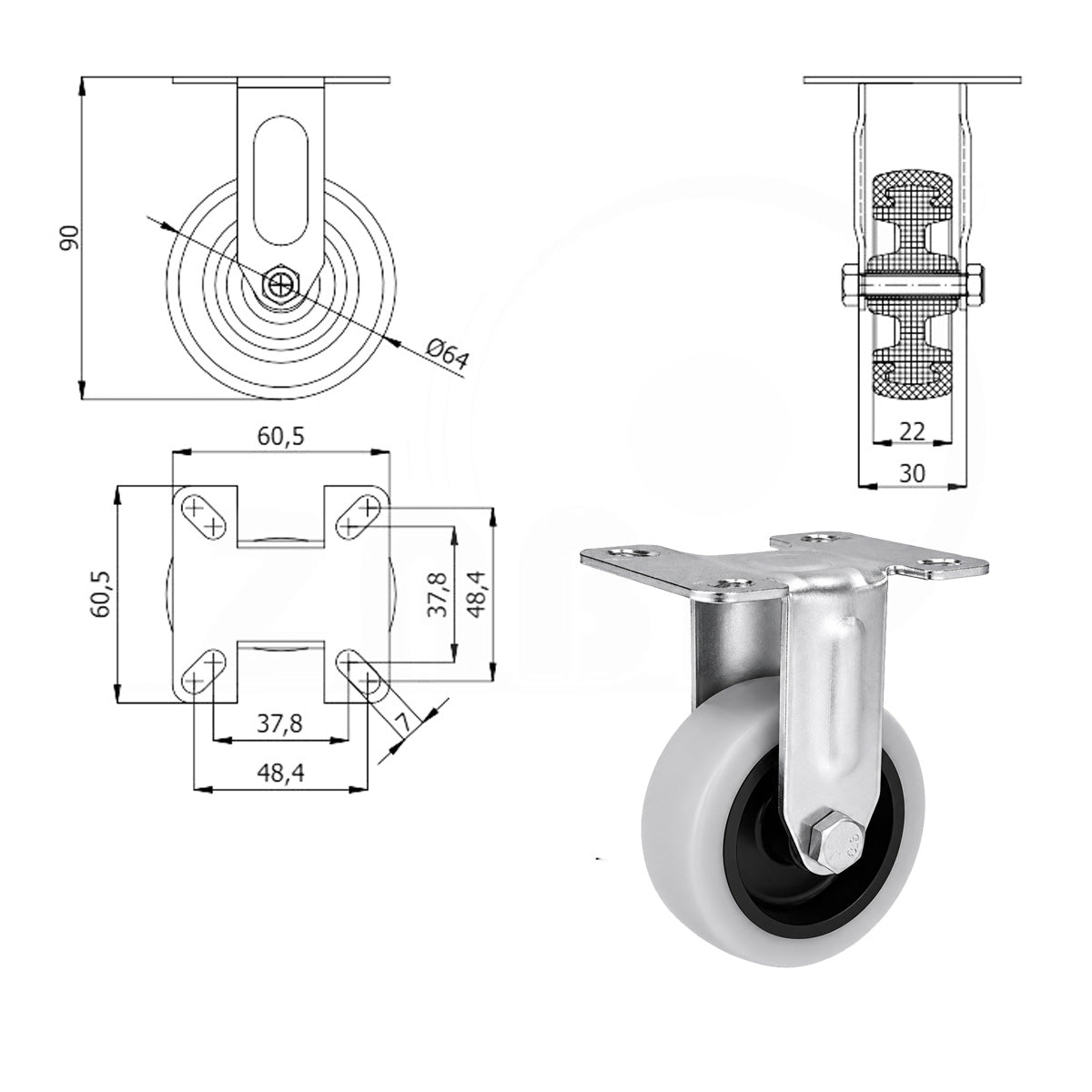 Möbelrolle Ø 64 mm Möbelrad Kunststoff Ersatzrad Transportrolle Apparater M63T