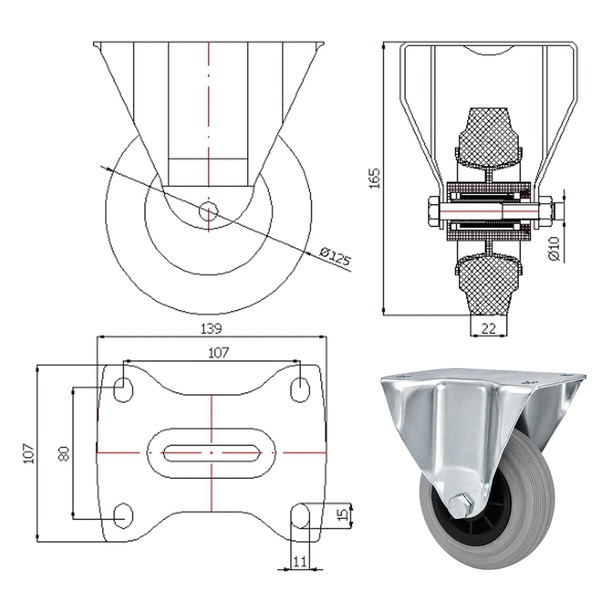 Kunststoff-Gummiräder in Bockrollengehäusen Lenkrolle Ø125 mm mit Platte Code: 23TS