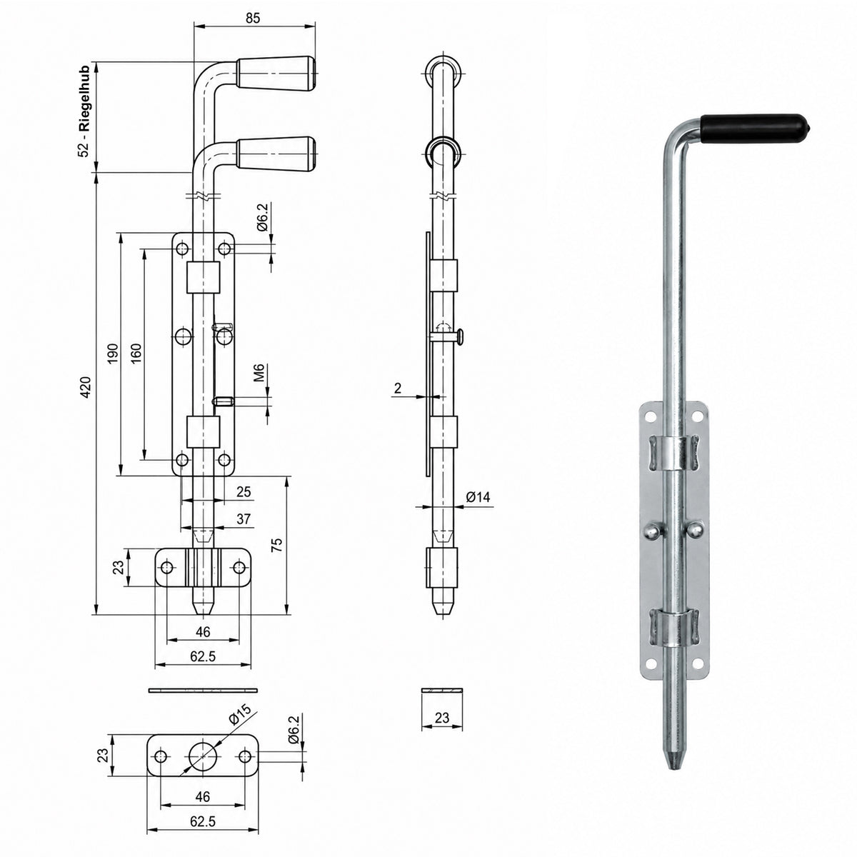 Torriegel 15.464.02 Bolzenriegel schmal - verzinkter Stahl, Silber: L420 x Ø14 mm