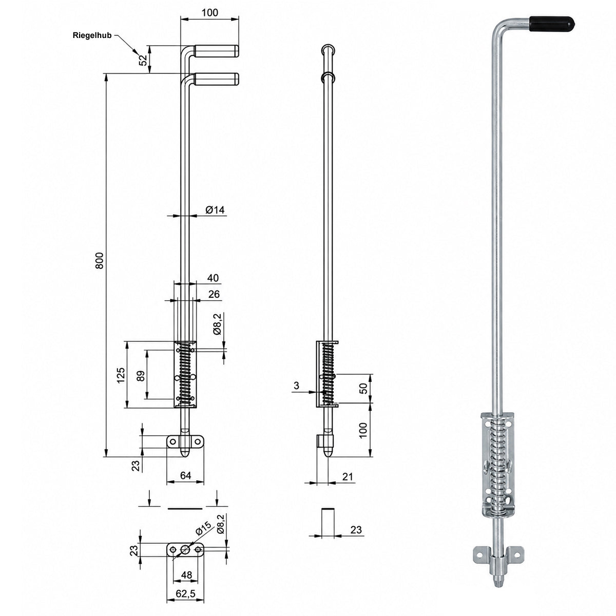 Torriegel 15.468.04 Bolzenriegel schmal - verzinkter Stahl, Silber, Feder: L800 x Ø14 mm