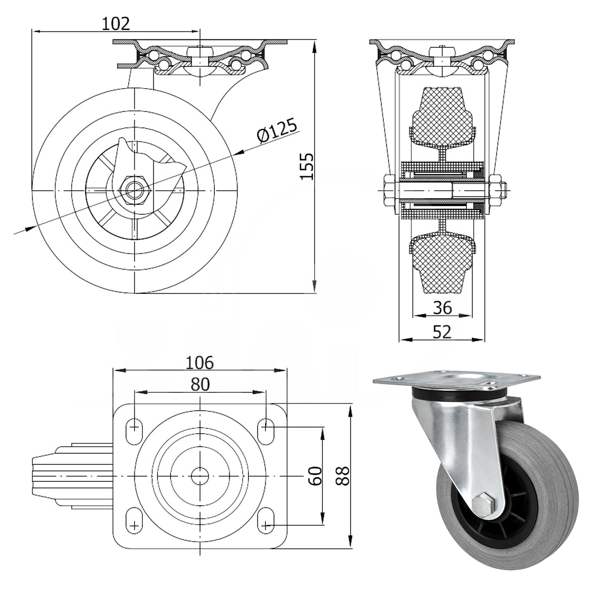 Kunststoff-Gummirrad mit Anschraubplatte Lenkrolle Ø125 mm mit Platte Code: 22MTS
