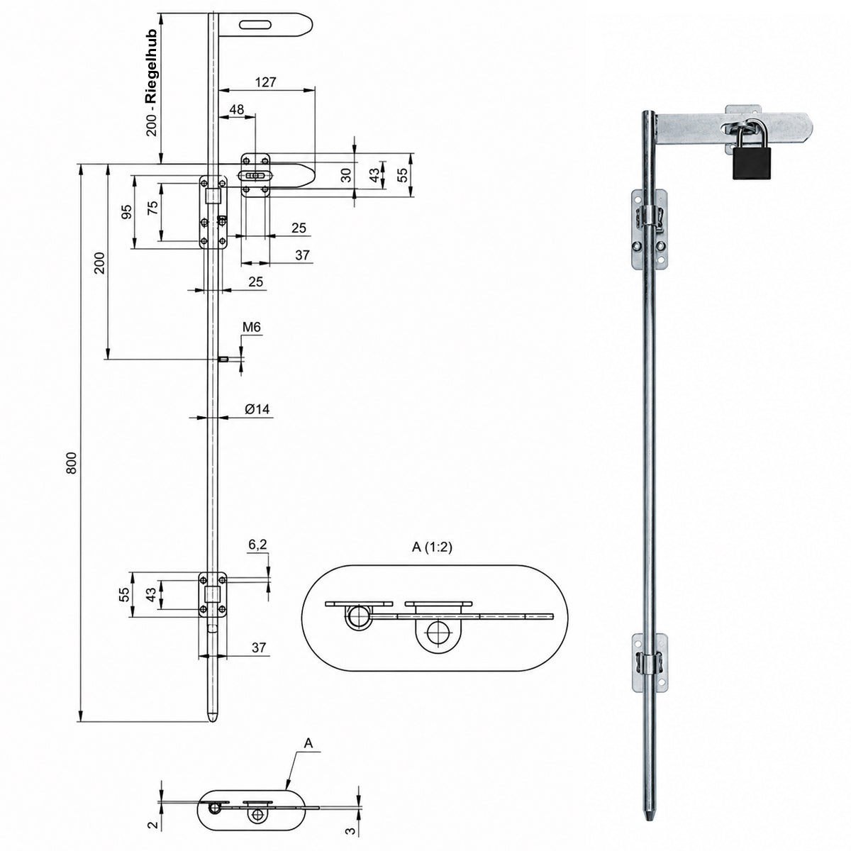 Torriegel abschließbar 15.468 Bolzenriegel schmal - verzinkter Stahl, Silber: L800 x Ø14 mm