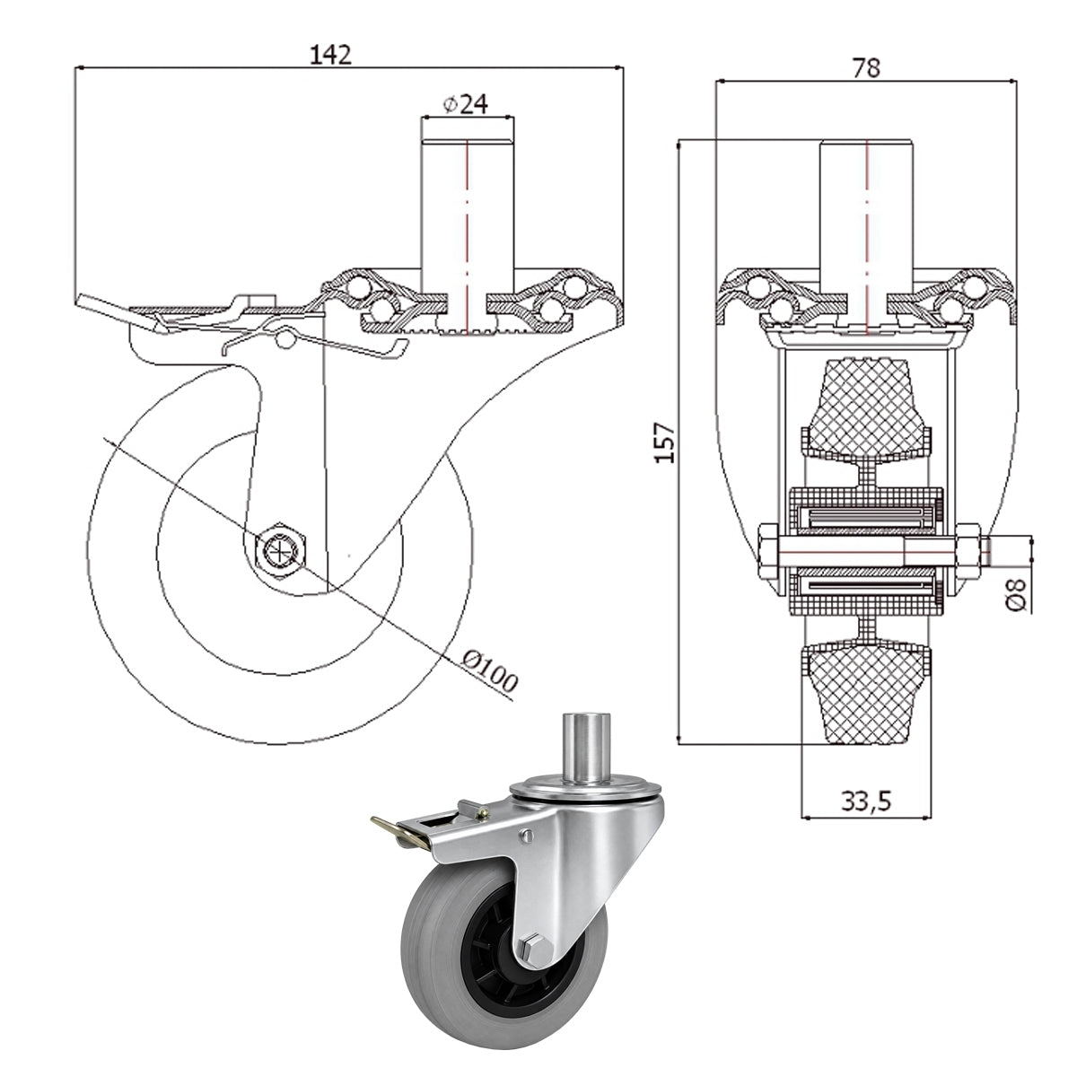 Kunststoff-Gummiräder mit Befestigungsstift und Bremse Lenkrollen  Ø100 mm Code: 16TS9H*24